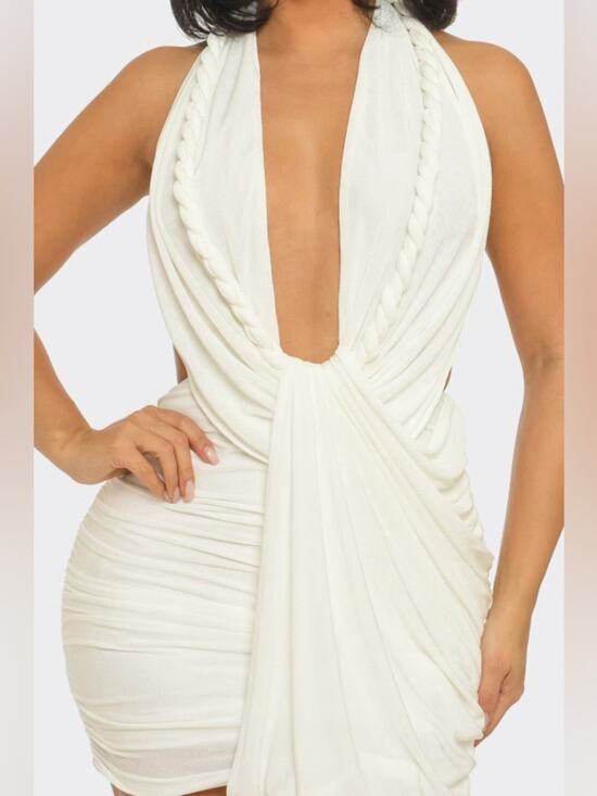 Dresses | Braided Trim Detail Ivory Plunging Halter Mini Dress | Poshmark